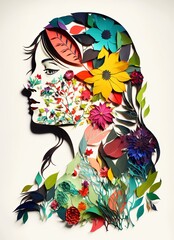 Paper cut style abstract floral background of woman portrait. Concept for international's women day. Generative AI.