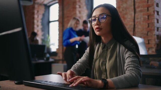 Middle Data Scientist Asian Woman Working In Office, Portrait, Portrait Of Female Financial Analyst