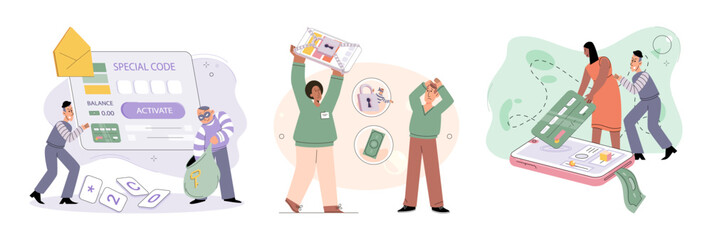 Hacker activity. Hacking computer. Phishing account, steal data, cyber attack. Stealing password. Cyber crime, theft personal information, cyber security spy access. Internet fraud scenes set metaphor