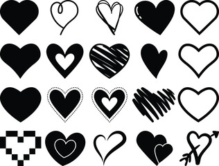 Hearts in twenty unique styles. Doodle hearsts pixel heart dotted hearts. vector illustrations.