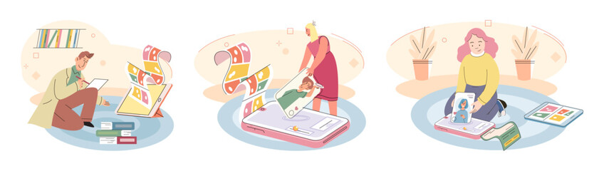 Children at home with phones and tablets set. Kids, toddlers use smart technologies lying in bed before going to sleep. Kids surfing social media, playing game, chatting by video call and use internet