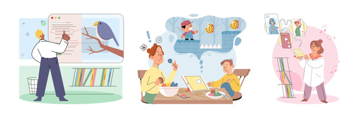 Children at home with phones and tablets set. Kids remote education, toddlers use smart technologies. Kids studying online, surfing social media, playing game, chatting by video call and use internet