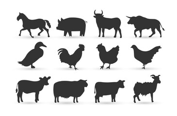 set of silhouettes of farm animals, chicken, cow, goat, buffalo, horse, pig and duck, vector illustration