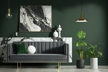 A green wall, grey carpet, minimalist marble sofa, light, and frame. Generative AI