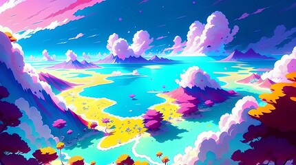 Sumptuous Beach Anime Wallpaper 4K, Vibrant colors, Water, clouds, Generative AI, Digital Art