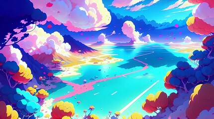 Fototapeta na wymiar Sumptuous Beach Anime Wallpaper 4K, Vibrant colors, Water, clouds, Generative AI, Digital Art