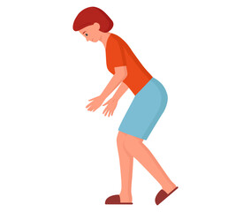 Woman takes something, side view standing with arms extended forward, rearranges things. Person packing cardboard box, putting stuff in package for moving and relocation. Character unpacking things