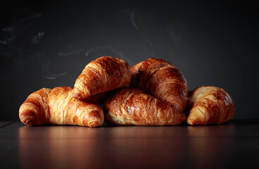 Freshly baked croissants on a black ceramic table.