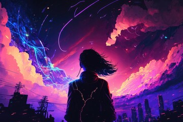 sky of cyberpunk neon stars twinkling in an electric sky digital art poster AI generation.
