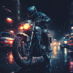 Obraz na płótnie Canvas A motorcyclist rushes along the night street of the city in the pouring rain