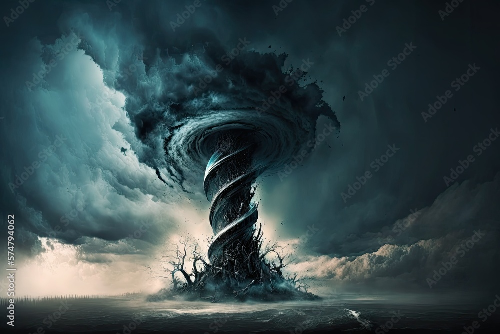 Poster a tornado forms in the midst of a stormy, dark sky as thick clouds and a fierce wind usher in the ty