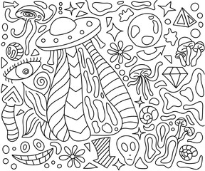 Psychedelic Abstract Coloring Book. Space, Alien, Ufo. Mushroom flowers and jellyfish. Abstract shapes and arrows. Black outline on a white background. Doodle style. Vector illustration.