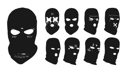 Gangster masks with images and inscriptions, stylish balaclavas with patterns in the form of gangster tattoos, stylish gangster masks from different angles (straight, side, perspective). Vector gang - obrazy, fototapety, plakaty
