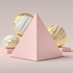 creamy pink pyramid with geometric shapes built from quartzite podium, empty showcase for packaging product presentation. AI generation.