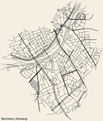 Fototapeta na wymiar Detailed hand-drawn navigational urban street roads map of the BERCHEM DISTRICT, ANTWERP Belgium with vivid road lines and name tag on solid background