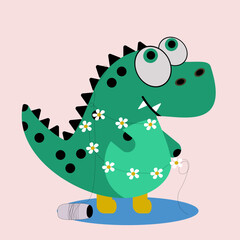 Dinosaur wearing Daisy Flowers Decoration and Wearing Yellow Boots 
