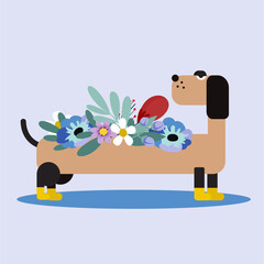 Dog with Flowers and Wearing Yellow Boots 