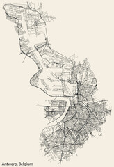 Detailed hand-drawn navigational urban street roads map of the Belgian city of ANTWERP, BELGIUM with vivid road lines and name tag on solid background