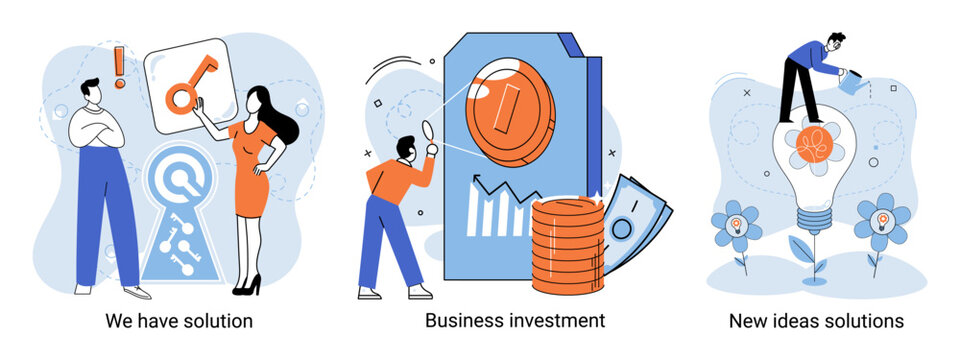 We have solution metaphor, business investment, new ideas solution scenes set. Teamwork and brainstorming. Team and new startup. Leadership and financial activities. Concept joint search for new ideas