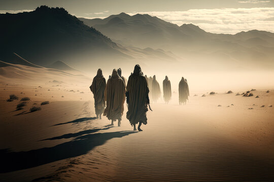 Group of people in robes walking in the desert created with Generative AI technology.