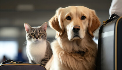 Cat and dog at the airport. Concept of traveling with pets. Generative AI.
