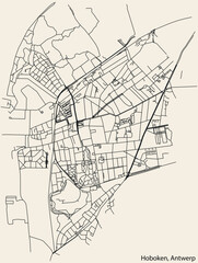 Fototapeta na wymiar Detailed hand-drawn navigational urban street roads map of the HOBOKEN DISTRICT, ANTWERP Belgium with vivid road lines and name tag on solid background