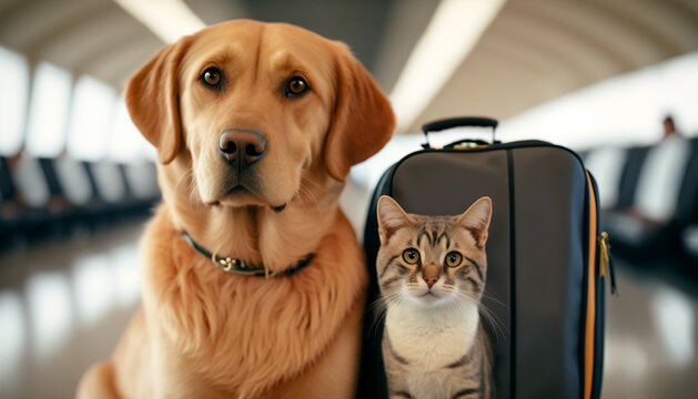 Cat and dog at the airport. Concept of traveling with pets. Generative AI.