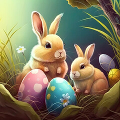 Easter bunny with eggs, generative ai
