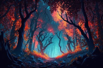 illustration, colorful very beautiful forest night in autumn,generative ai