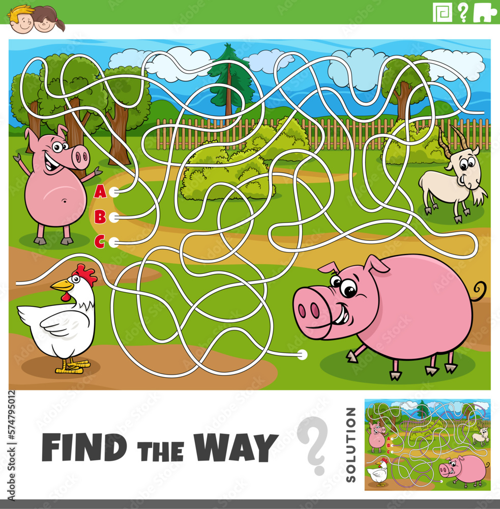 Sticker find the way game with cartoon farm animals