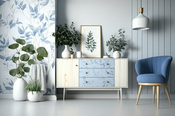 living room in blue and white tones, or Japandi. wooden dresser with a replica of a wall. wallpaper and a marble floor. contemporary interior design, example. Generative AI