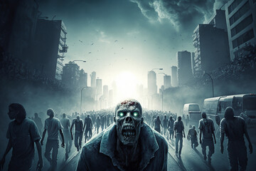Zombie apocalypse, devastated city, in the sky scavenger vultures, generative Ai