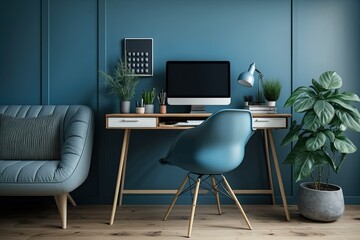 Blue walls, oak desks, and grey sofas are modern interior design. Generative AI