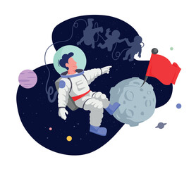 Four astronauts exploring the dark outer space at the moon. Moment before the moon landing in spacesuit. Planting a red flag on the moon minimal vector illustration. - obrazy, fototapety, plakaty