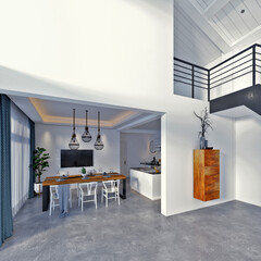 3d render modern home interior and kitchen