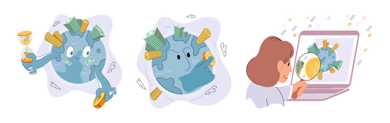 Businessman investor with coins. Employee or entrepreneur puts money in piles, calculates profit. Financial literacy and passive income, successful investor. Person stands holding bag of money