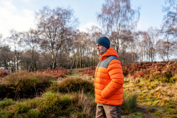 A happy pensioner in orange coat with English bulldogs in forest, going for a walk in Peak District on sunny worm day. Dog training. Free time in retirement.
