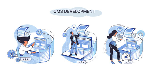 Digital content management system, CMS development software metaphor. Information system or computer program enable organize collaborative process of creating, editing and managing soft in network