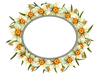 Watercolor frame easter with daffodil. Spring floral illustration isolated on white background.