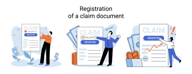 Registration of claim form register document, providing personal information, income information vector set. Tax filing, employer form, earnings statement documents, online software abstract metaphor