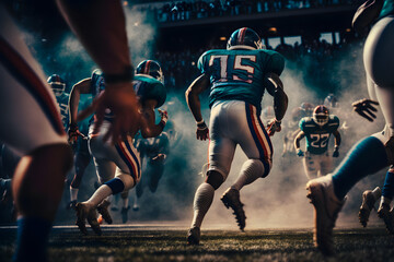 Obraz na płótnie Canvas Fierce american football match, fierce ball game of football players on the field. Generative AI