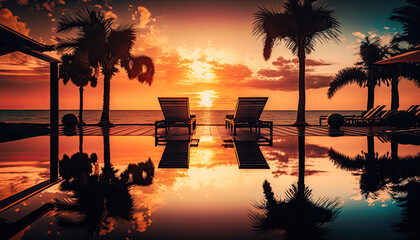 Beautiful poolside and sunset sky. Luxurious tropical beach landscape, deck chairs and loungers, water reflection. Palm trees reflection, luxury summer beach landscape. Beach sunset generative ai