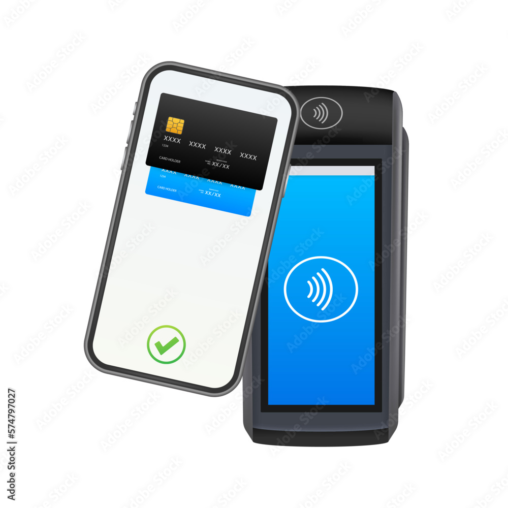 Sticker POS Terminal, Paper Receipt. Approved, Rejected Payment. NFC Payments Device.