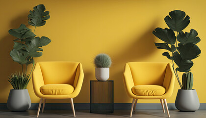 Comfortable armchairs and houseplant near yellow wall in room interior generative ai