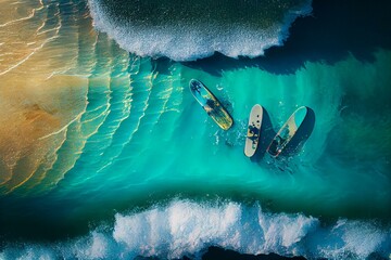 surfer boards on the water, kayaks on the water, boats on the water, ocean view from above, crystal blue water, AI Generated