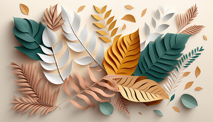 creative leaves on a white background. Seasonal poster in trendy paper cut style generative ai,