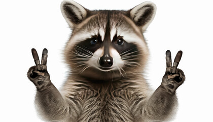 Funny raccoon, showing a sign peace, isolated on white background generative ai