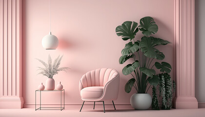 Interior room in plain monochrome light pink color with single chair, floor lamp and decorative vase and plant. Light background generative ai