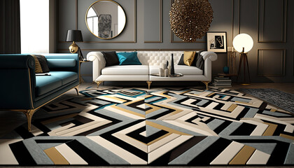Machine made geometric modern living room carpet generative ai