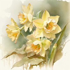 Watercolor illustration with yellow daffodils on a white background. Spring illustration. Generative AI